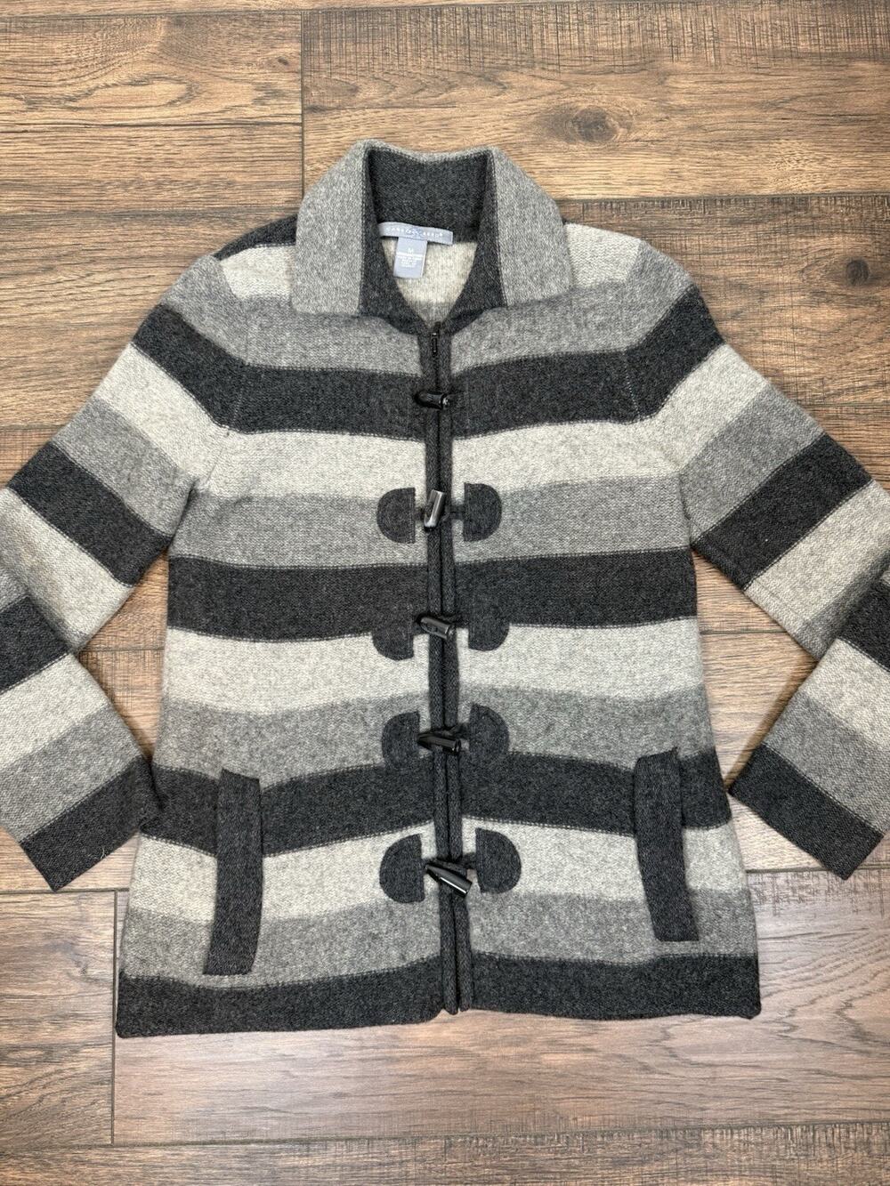 100% Lambswool Striped Sweater Coat Gray Zipper Cardigan Pockets Sz Medium